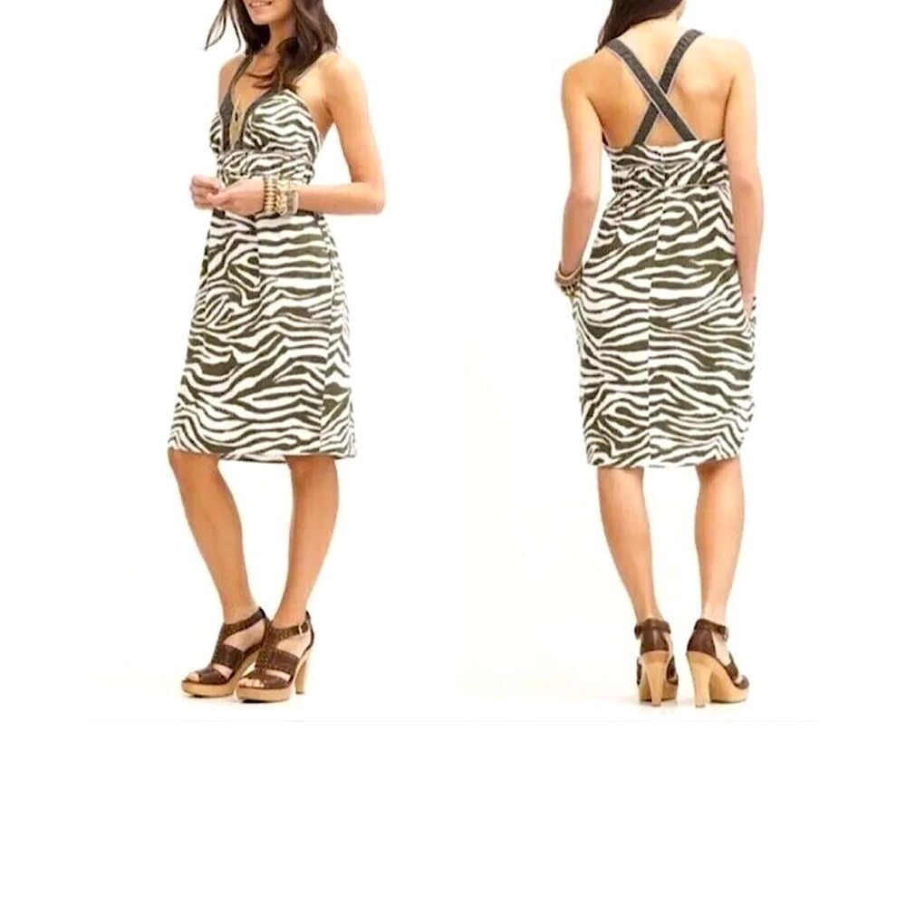 Banana Republic Brown Cream Zebra Print Linen Dress Size 2 NWT  10 362